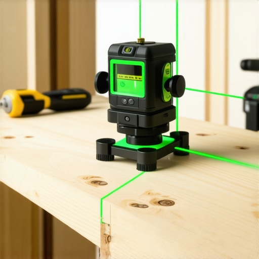 A green laser level ensuring a bathroom vanity is perfectly flat before countertop installation