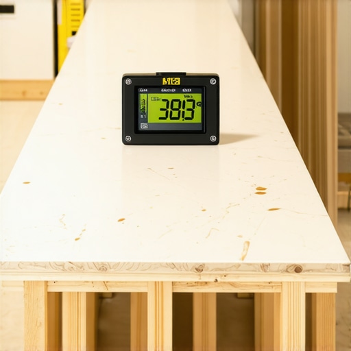 Digital inclinometer measuring the level of a reinforced vanity frame during stone installation.