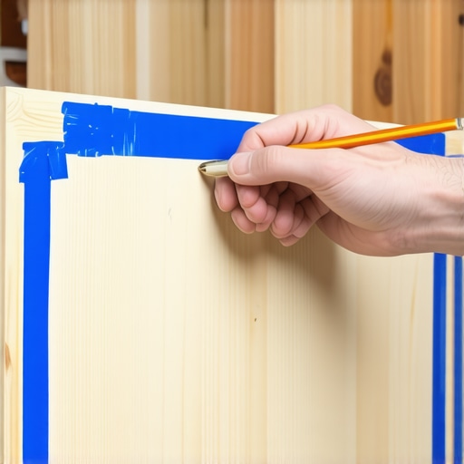 A woodworker using a scribe tool to trace a wavy wall onto a cabinet frame.
