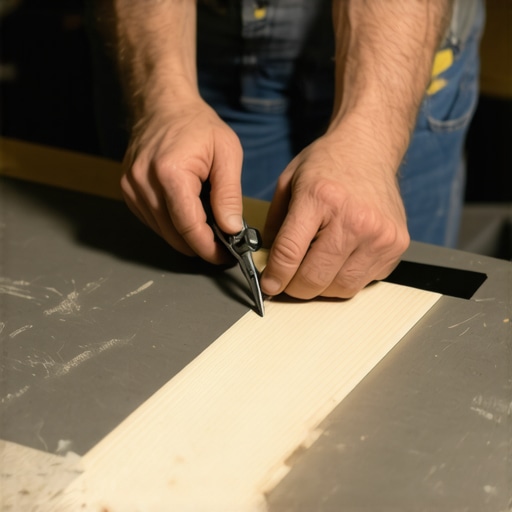 Close up of scribe tool marking a vanity base for a perfect fit against tile