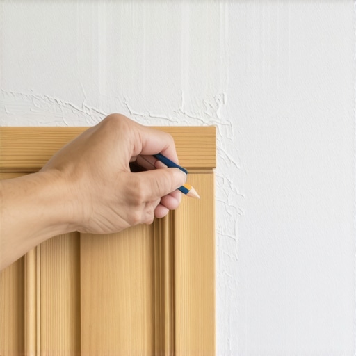 A woodworker using a scribing tool to ensure a seamless gap-free installation of a bathroom vanity.