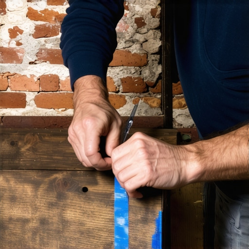 Professional carpenter using a scribe tool on a walnut cabinet against a brick wall.