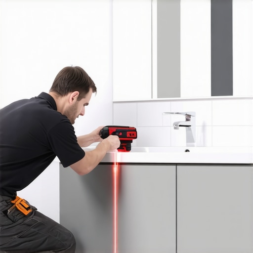 Professional carpenter using a laser level to install a modern bathroom vanity