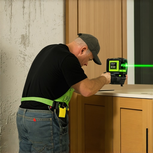 Close up of a laser level and scribing tool being used for custom cabinetry alignment