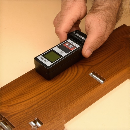 Close-up of a machinist level and moisture meter on a reinforced wooden desk slab