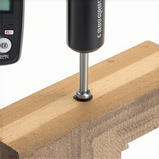 Close up of a digital torque adapter being used to tighten floor bolts on a wooden bench