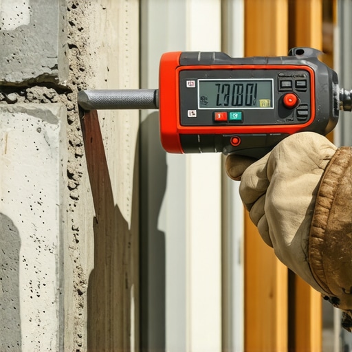 A digital torque wrench tightening a heavy-duty bolt into a concrete wall for garage storage.
