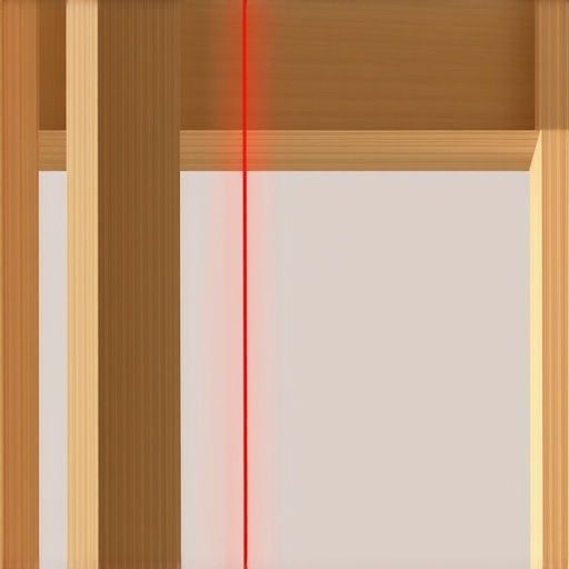 A red laser level line marking a vanity cabinet for stone installation