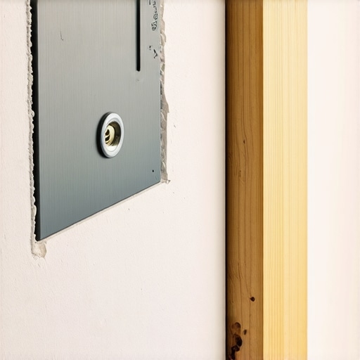 Close-up of a steel wall plate being installed into a drywall cutout for a floating shelf.