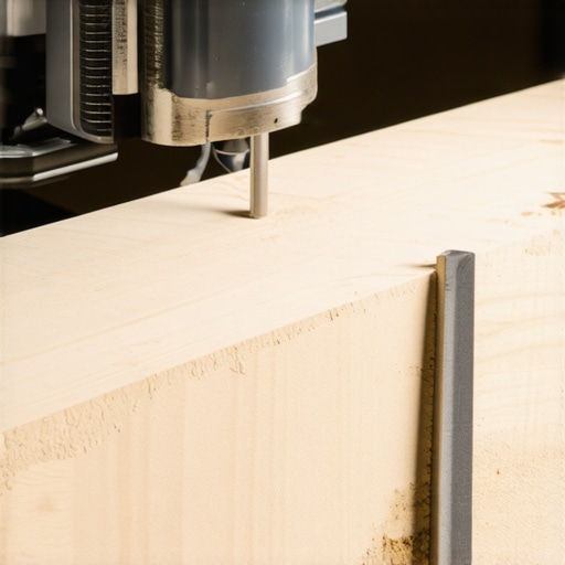 A plunge router cutting a channel into a wood shelf for a steel reinforcement bar.
