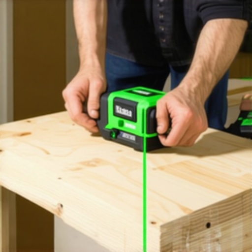 A carpenter leveling a pantry shelf ledger with a green cross-line laser level
