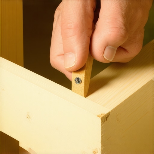 Carpenter placing a shim behind a scribed filler strip to prevent the lever effect during installation.