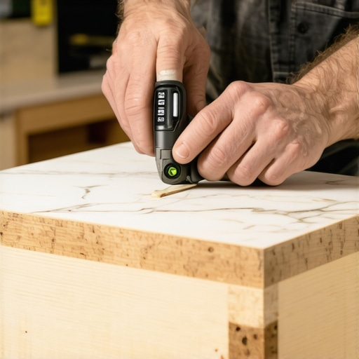 Woodworker using AccuScribe tool and digital level on a vanity