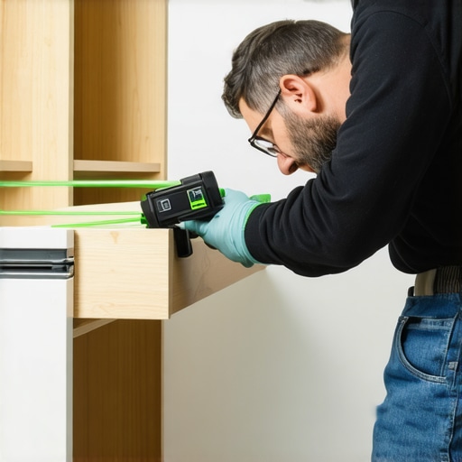 Close up of a professional checking drawer alignment with a laser level and digital clinometer.