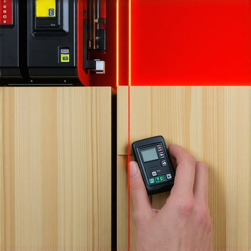Professional Cabinet Maintenance Tools Laser level and digital calipers being used to check cabinet alignment and drawer gaps.