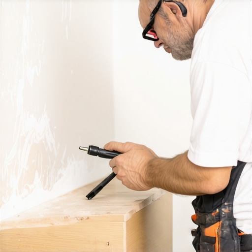 A woodworker scribing a custom cabinet to an uneven wall for a perfect fit.