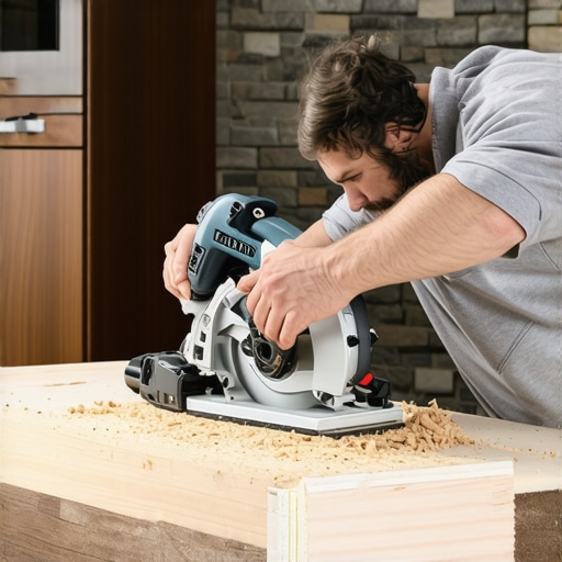 Close up of a track saw scribing a cabinet to an uneven wall for a perfect fit.