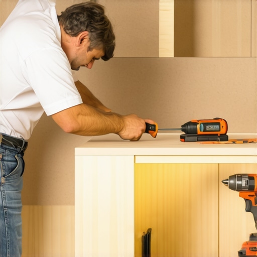 Woodworker using precision scribing tools for custom cabinet installation.