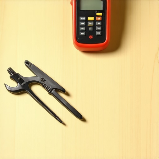 A pinless wood moisture meter and cabinet scribing tools on a workbench.