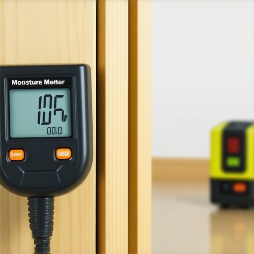 A digital moisture meter being used to test for dampness on laundry room cabinets.