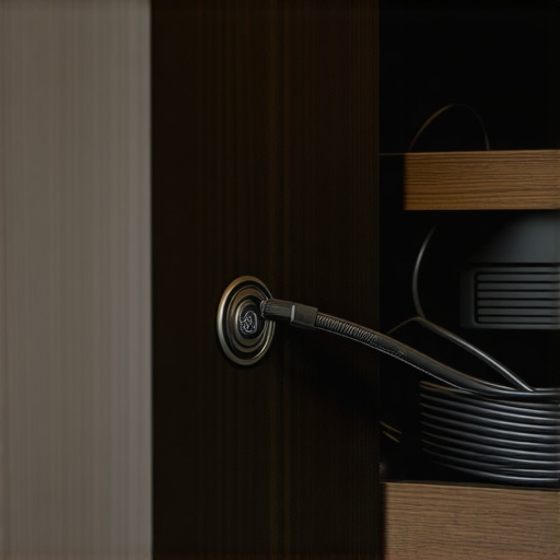 Neat low-voltage cable routing through a grommet in a custom wood media cabinet