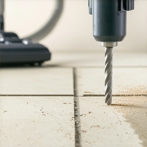 An SDS Plus rotary hammer drill creating a hole in a concrete garage floor for a workbench anchor.