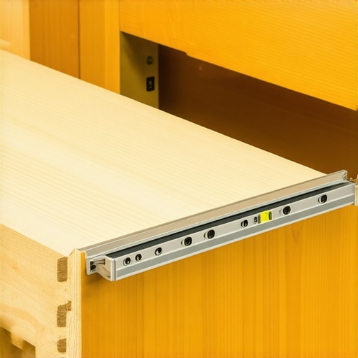 Close up of a woodworking professional adjusting an anti-sag bracket on a wide drawer bottom using a straightedge for accuracy.
