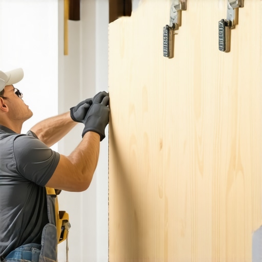 Carpenter installing a hidden ledger board with toggle bolts on drywall.