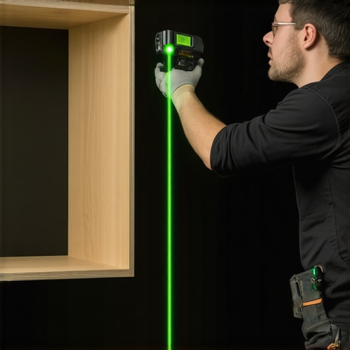 Contractor using a Bosch laser level to align floating shelves on a wall
