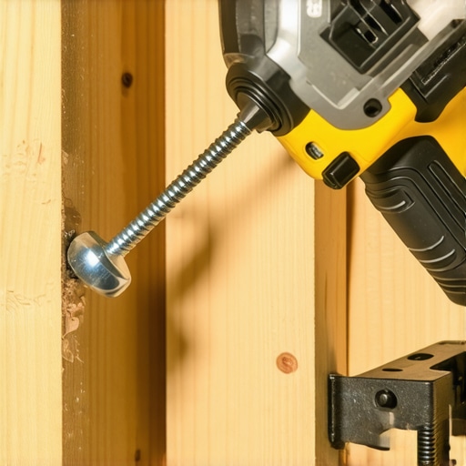 Close-up of an impact driver securing a structural screw through a steel bracket into a wooden wall stud.