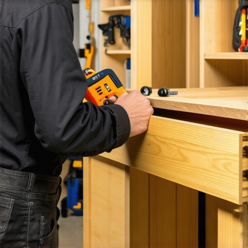 Woodworker using a laser level to install drawer slides in a custom cabinet.