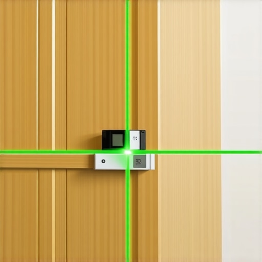Professional Laser Level Alignment for Built-ins Green laser line showing level alignment for cabinet installation and steel cleats.