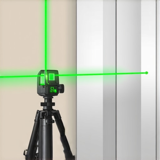 Laser level projecting alignment lines for a heavy mirrored bathroom cabinet installation.