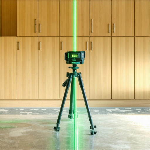 Green laser level showing horizontal line across mudroom cubbies for precision leveling on sloped concrete floors.