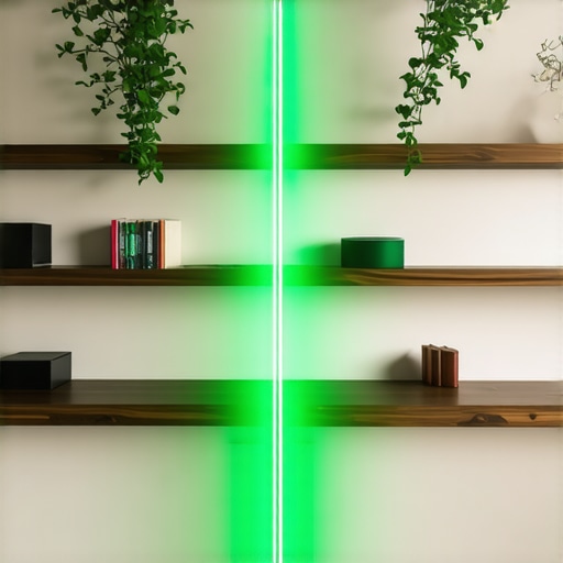 A green laser level line marking the wall for custom shelf installation.