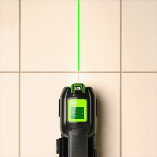 A green laser level projecting a straight line on a custom bathroom vanity during installation.