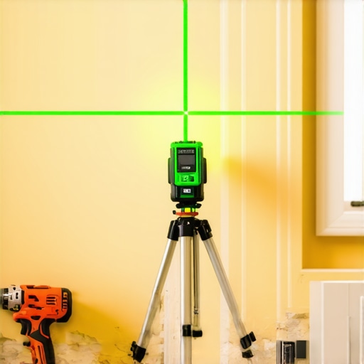 A green beam laser level projecting a level line for a bathroom vanity install