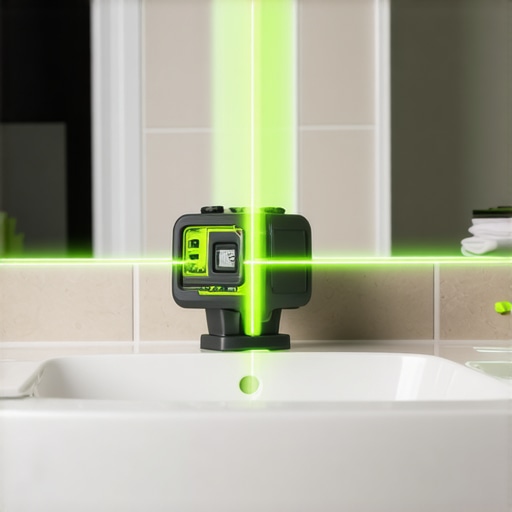 Professional Laser Level for Vanity Installation Green cross-line laser level aligning a bathroom vanity during a professional installation.