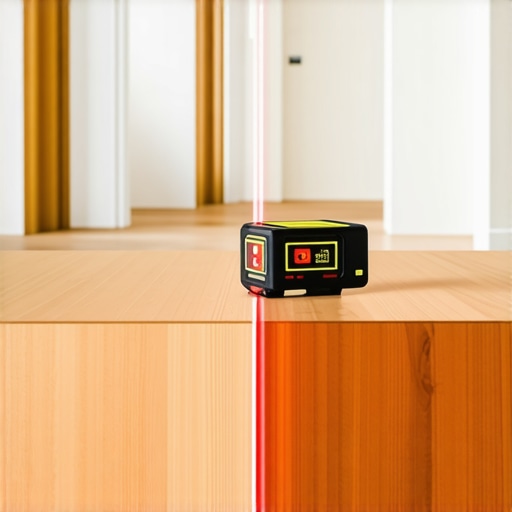 A red laser level line marking a perfectly horizontal reference on a wooden built-in bench during a home renovation project.