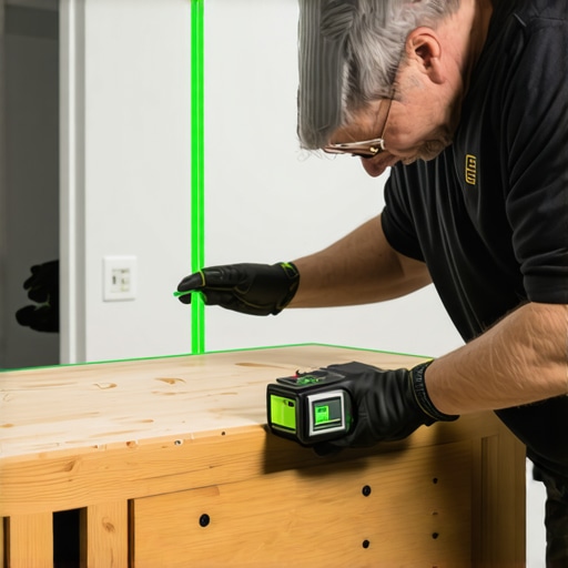 A green laser level projecting a line across a bathroom vanity for precision installation.