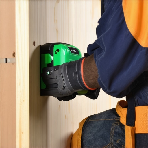 Contractor using a green laser level to install a plywood ledger on garage studs.