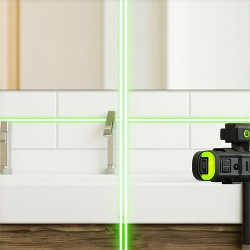 A green laser level projecting a line across a bathroom vanity for perfect installation alignment.