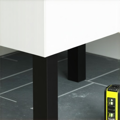Close up of plastic shims being used to level a bathroom vanity on uneven tile floor