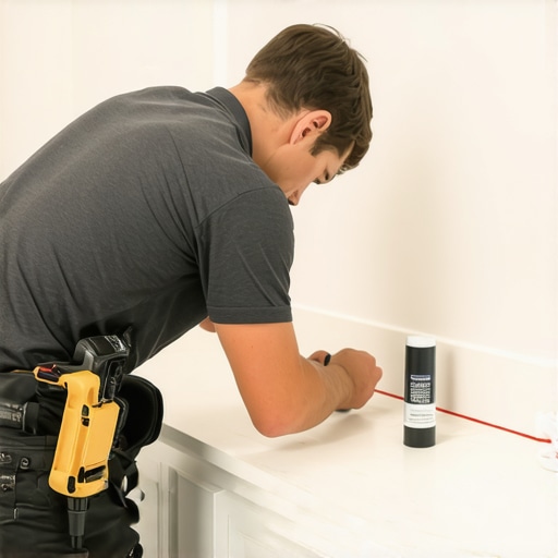 Contractor using a laser level and silicone to maintain a floating vanity installation.