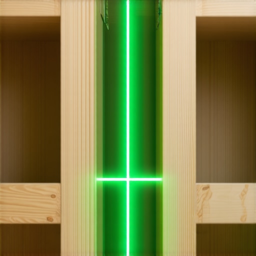 A green laser level being used to align internal shelf frames for a sag-free installation.