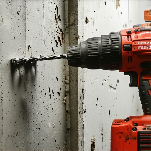 A high-quality hammer drill being used to prepare a hole for a heavy-duty wedge anchor in a concrete wall.