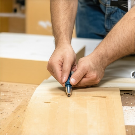A carpenter scribing a cabinet base to fit an uneven floor perfectly.