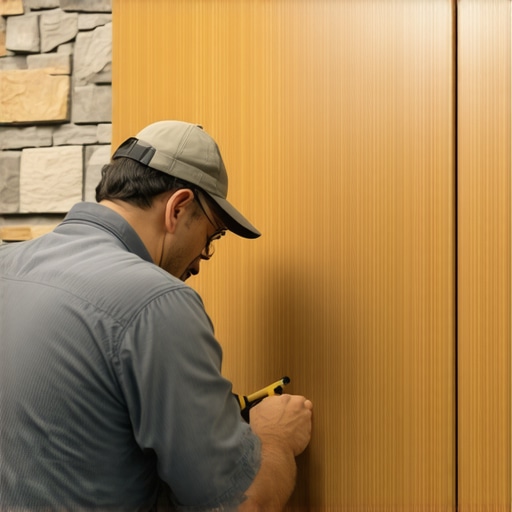 Woodworker using a scribe tool to fit a cabinet against an uneven wall for a perfect installation.