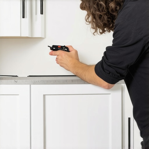 Carpenter scribing a cabinet side panel to fit perfectly against a textured wall.