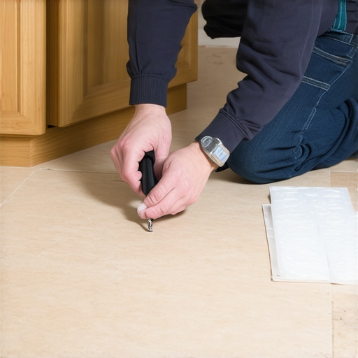 Close-up of a carpenter scribing a vanity base to a tile floor.